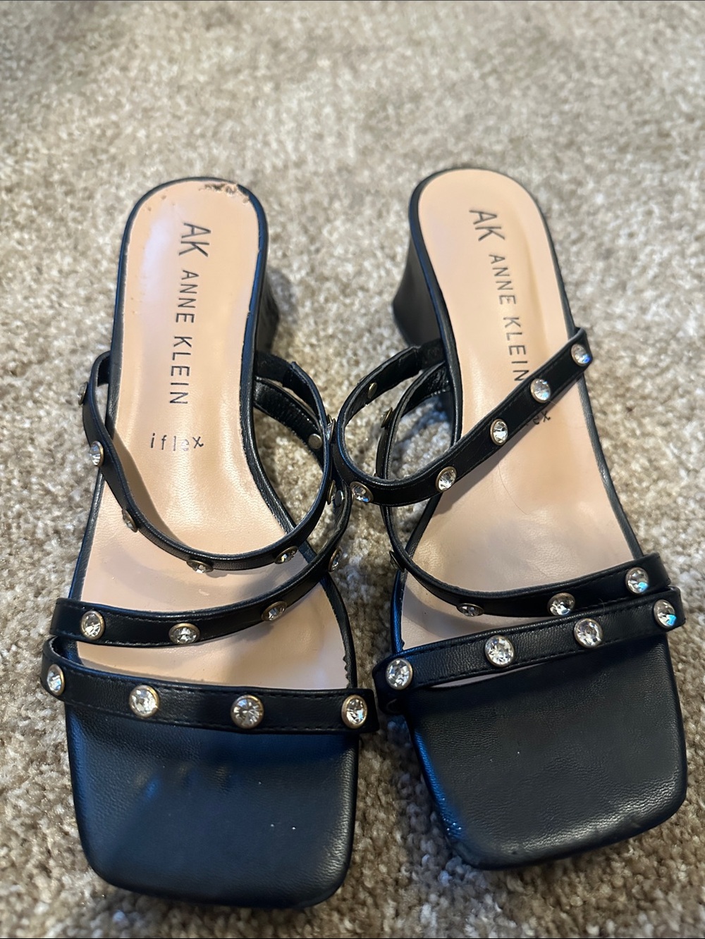Anne Klein Black Crystal-Stud Strappy Heeled Sandals